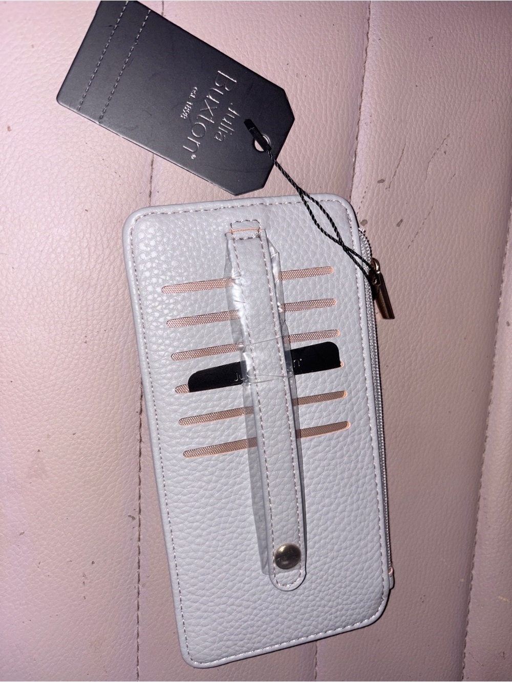 Buxton White Phone Wallet Case with Rose Gold Accent Stripes